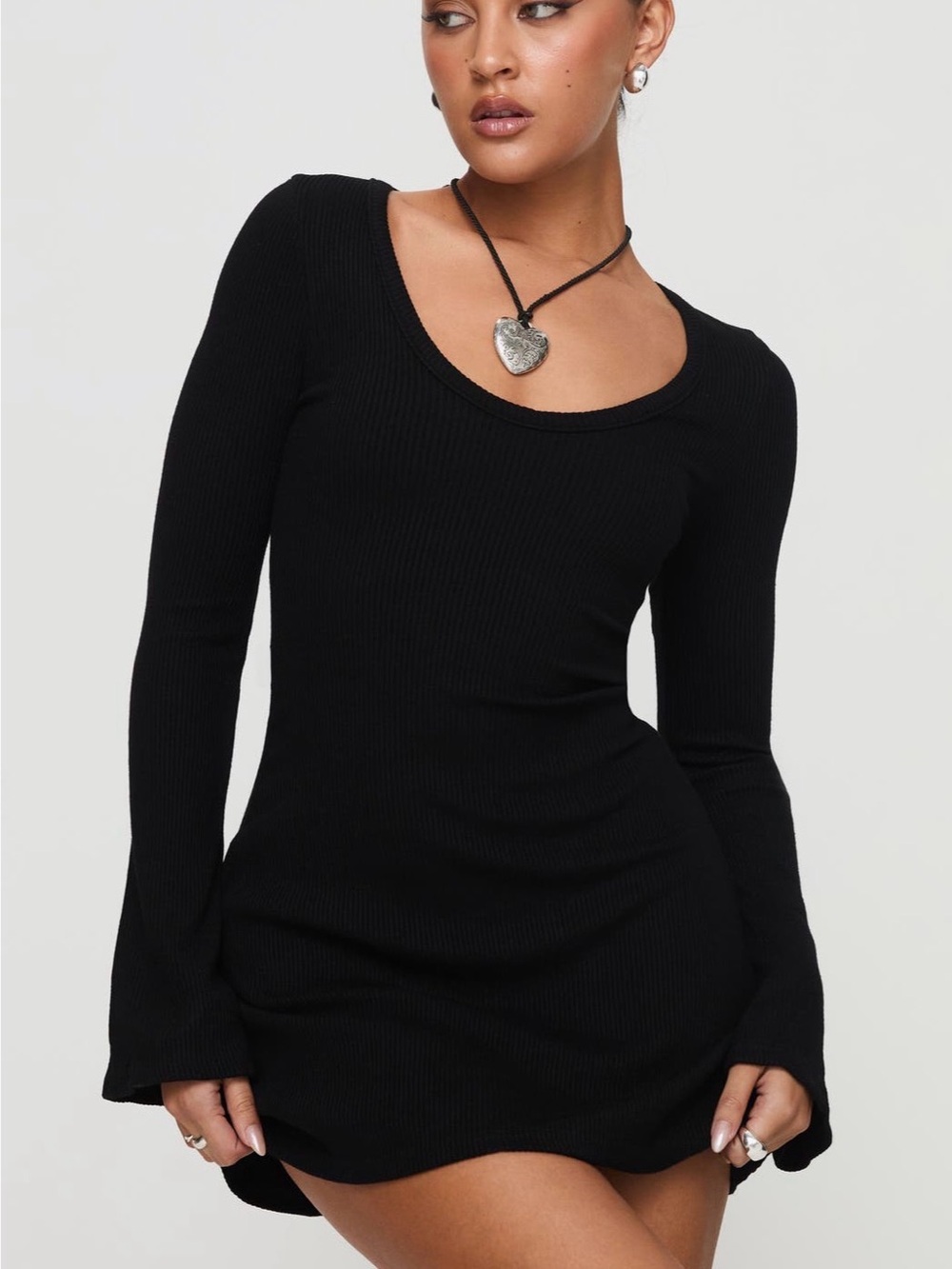 Princess Polly Best Interest Black Long-Sleeve Ribbed Mini Dress - Picture 5 of 7